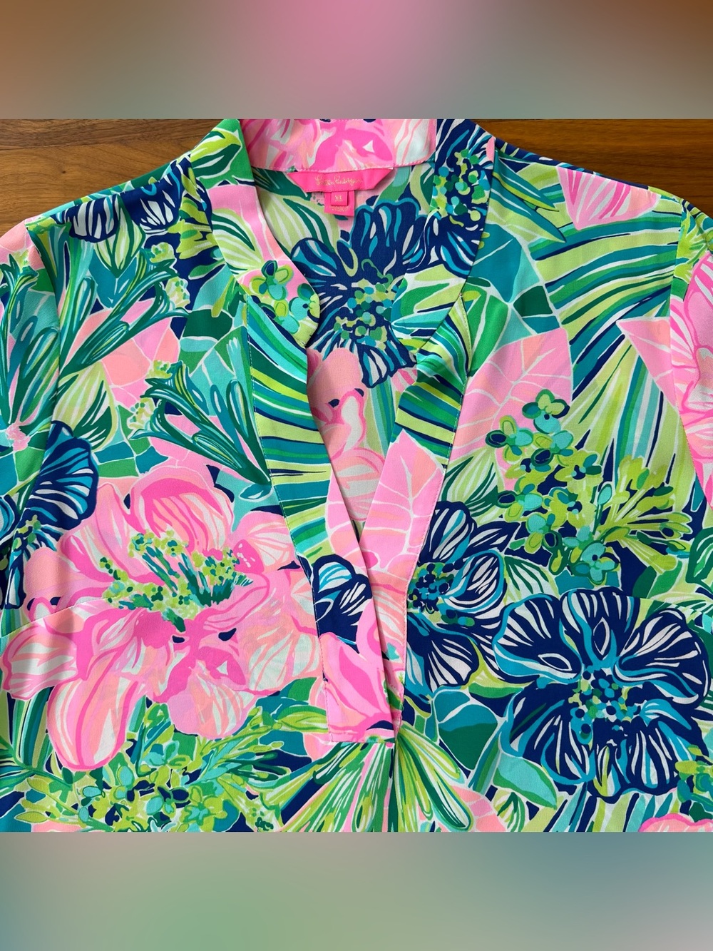 Lilly Pulitzer Shea Tunic Blouse Island Escape Tropical Pink Green Size XL EUC - Picture 3 of 16